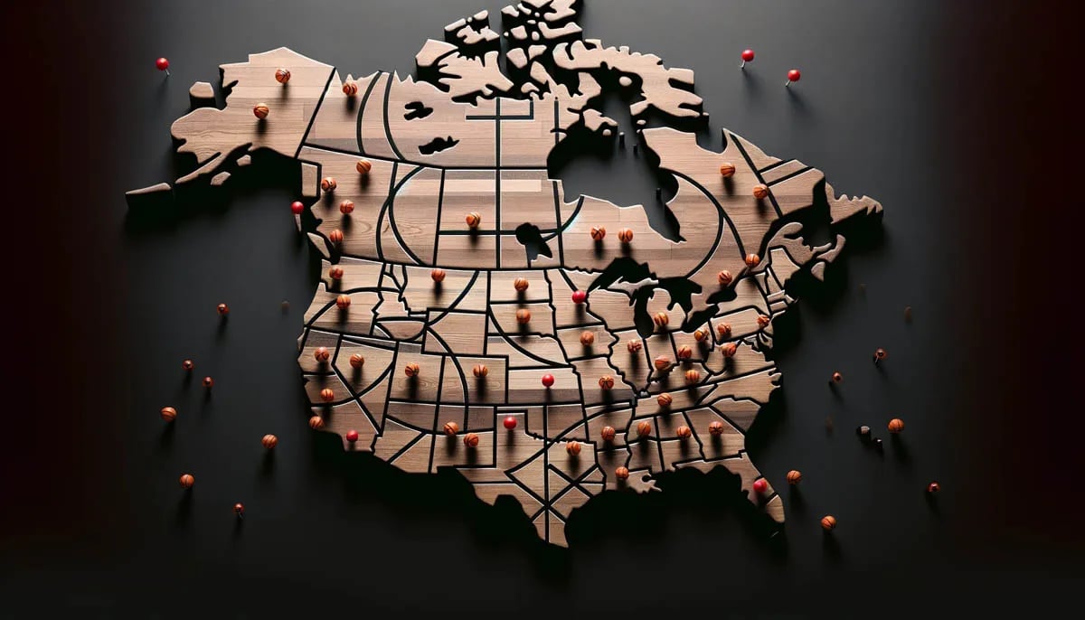 map of north america made from basketball flooring with basketball pushpins