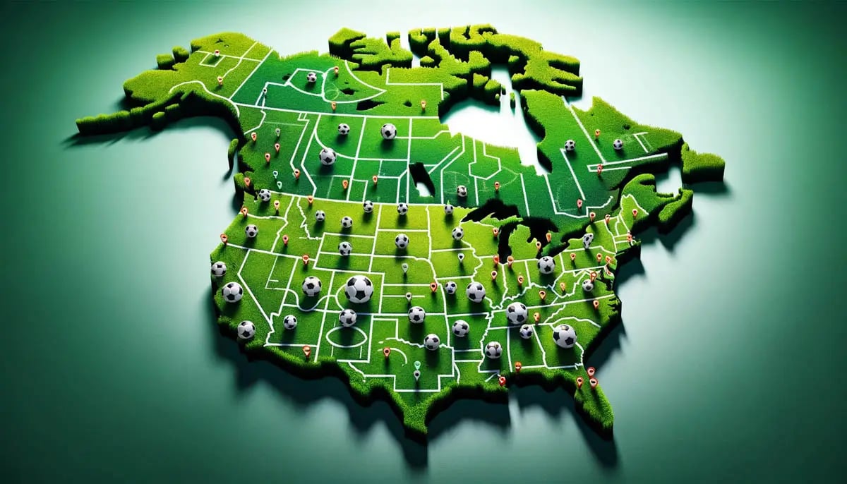 map of the united states and canada with soccer ball pushpins and made of grass