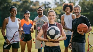 a group of beginner adult athletes holding different sports gear