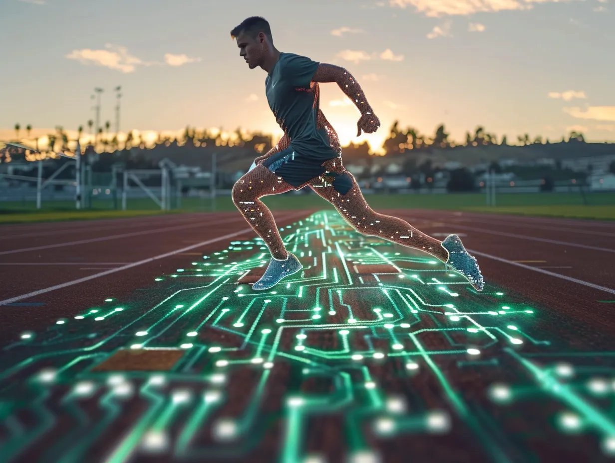 man running on track field atop a computer chip design representing silicon valley