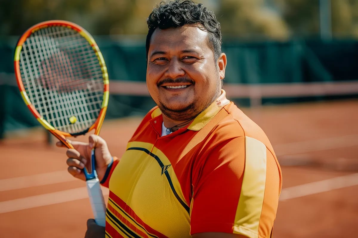 hispanic male tennis player holding racquet