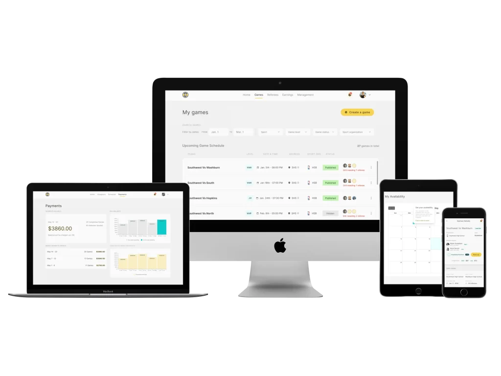 Refr referee management platform shown on laptop, desktop, tablet, and mobile devices