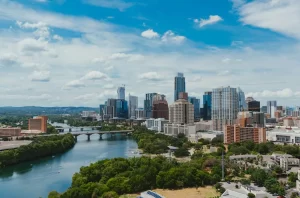 Austin city skyline with river running through it