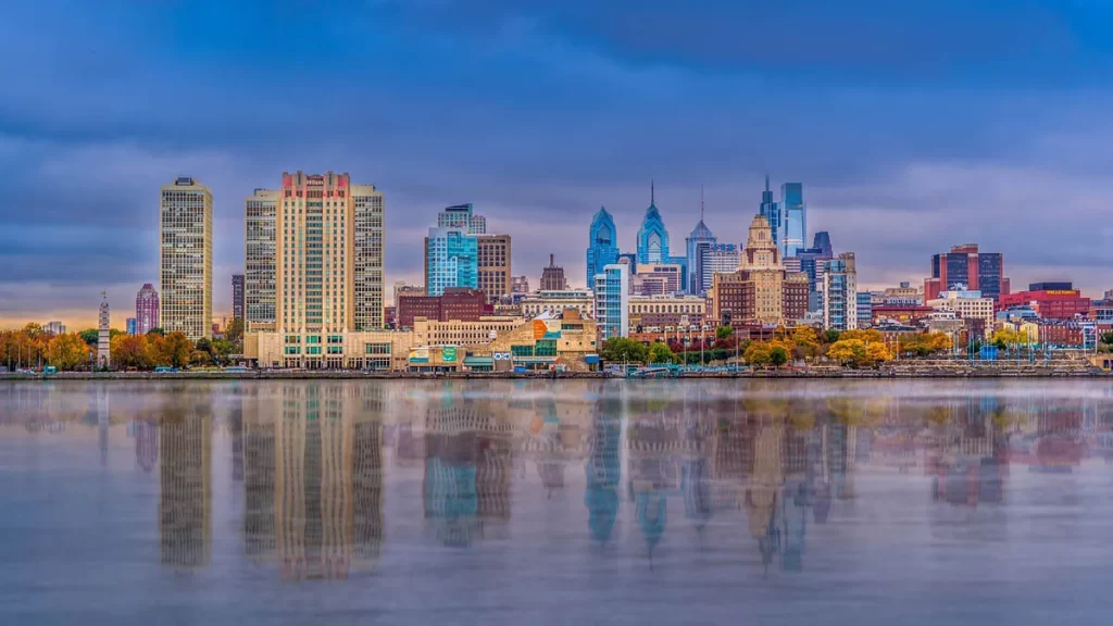 Philadelphia cityscape with river in forefront