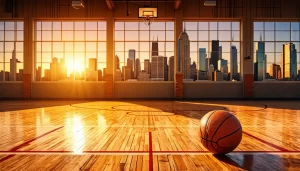 indoor basketball court showing chicago skyline out the windows at sunset