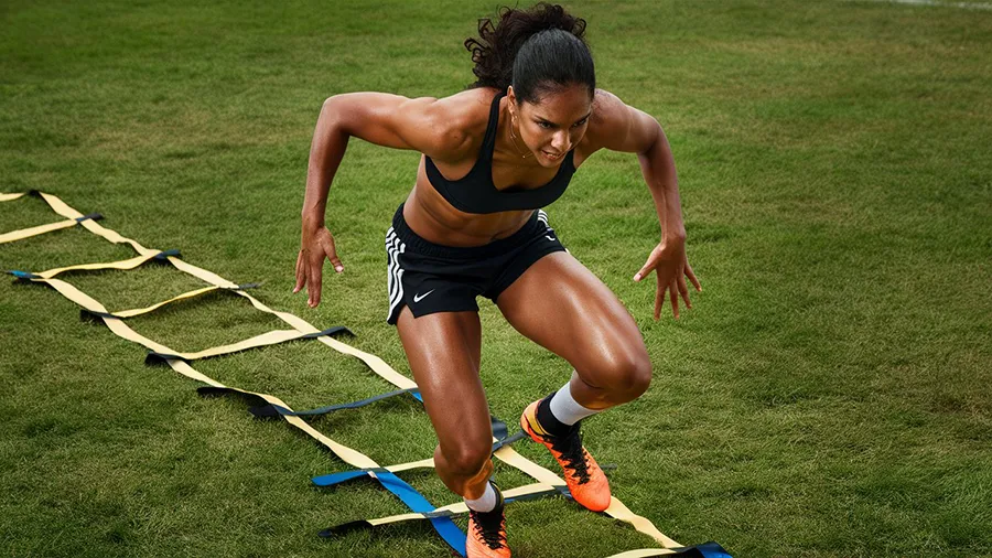 woman soccer training using agility ladder