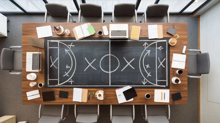 Company sports conference table overhead of chalkboard sports and office supplies on table