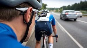 cyclist wearing glasses that have a rearview mirror in them showing a car behind him