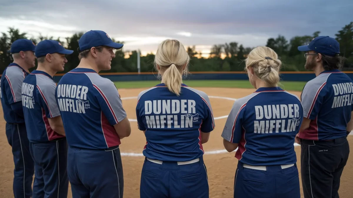 softball team on mound wearing dunder mifflin uniforms