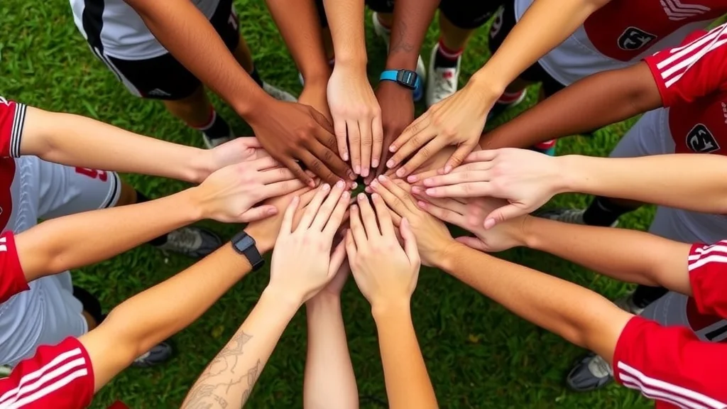 hands of different genders and races atop each other in sports huddle