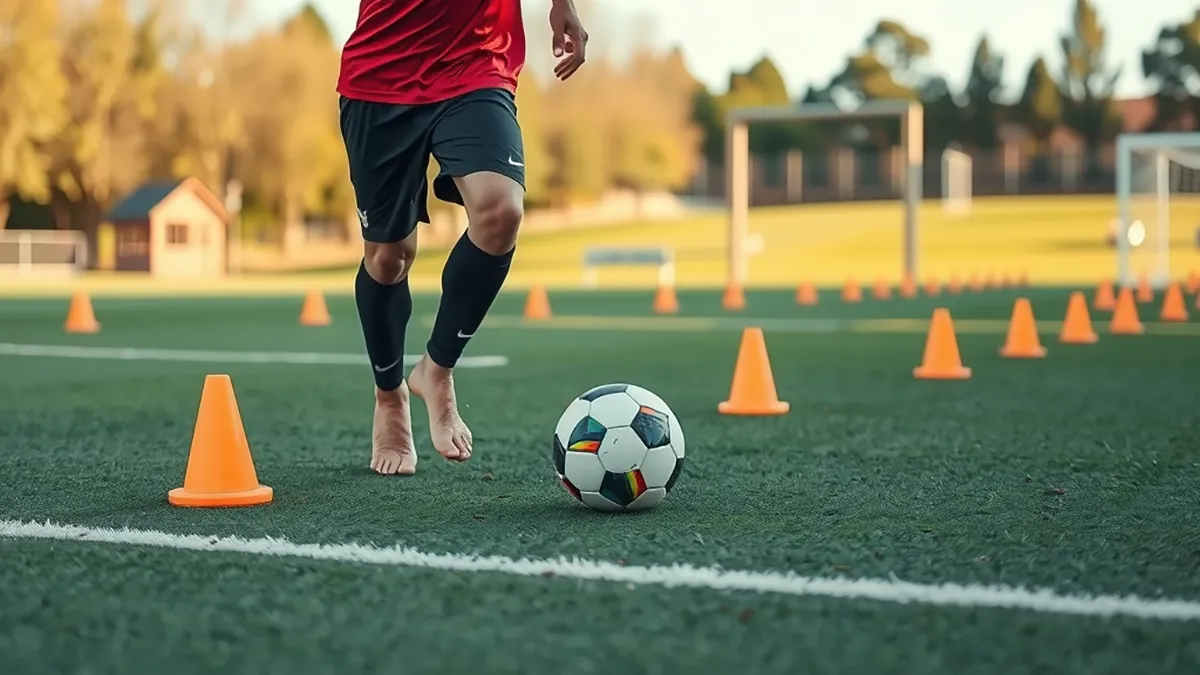 man in compression sleeves dribbling through soccer cones