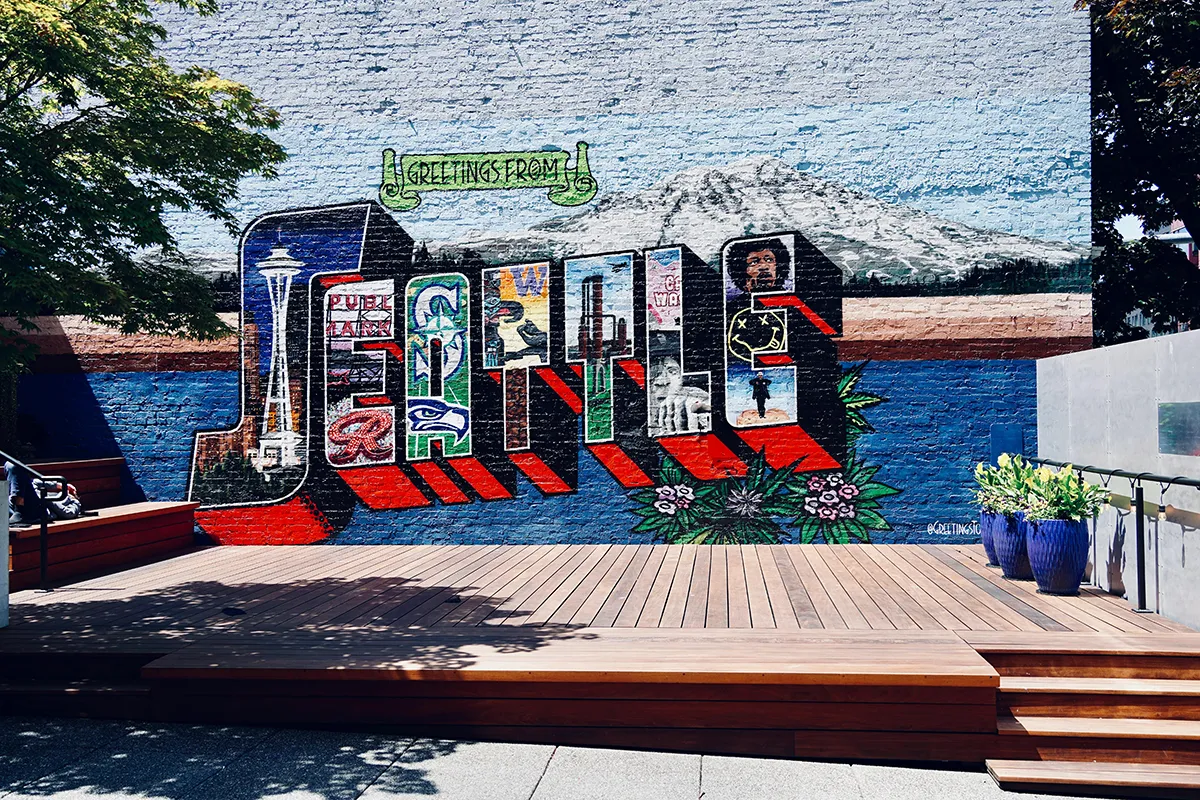 mural of seattle on a wall