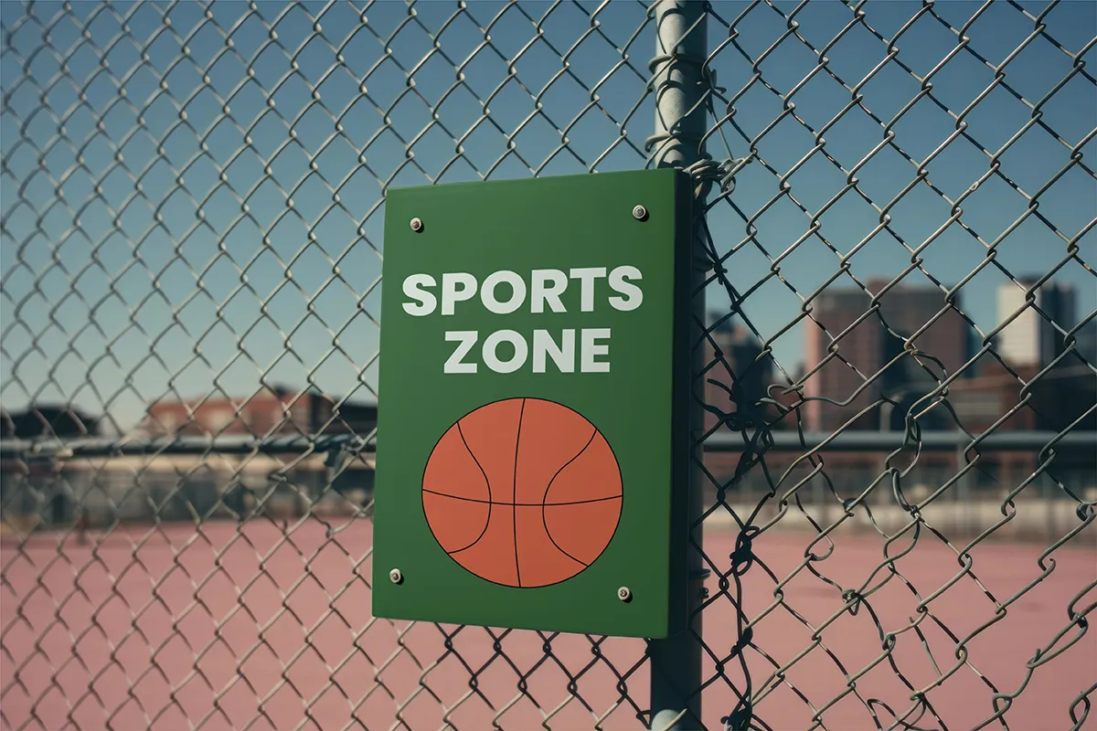 chain link fence with "sports zone" sign on it