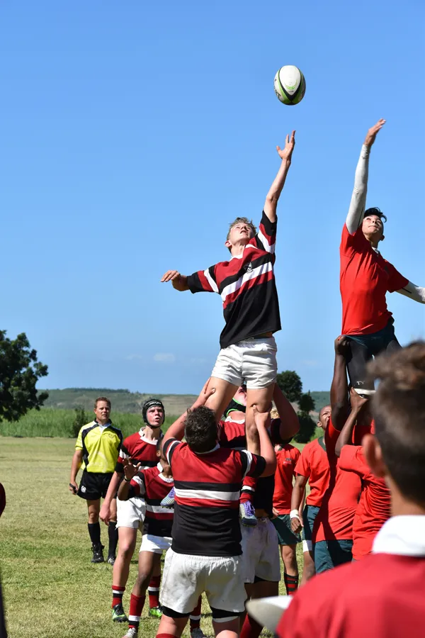 male rugby players on two opposing teams, both in a reaching formation going for the ball