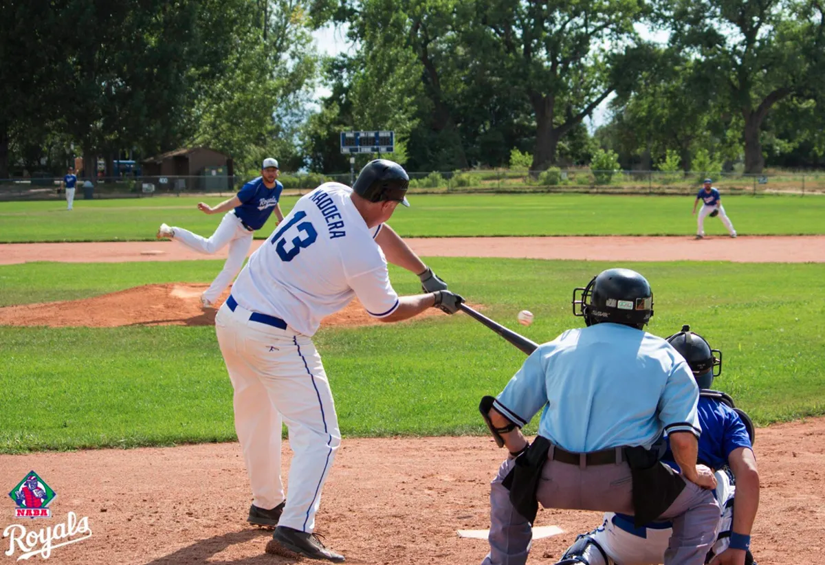 Adult baseball players with one getting ready to hit the ball pitched to him