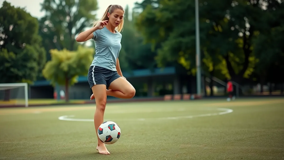 woman barefoot soccer juggling